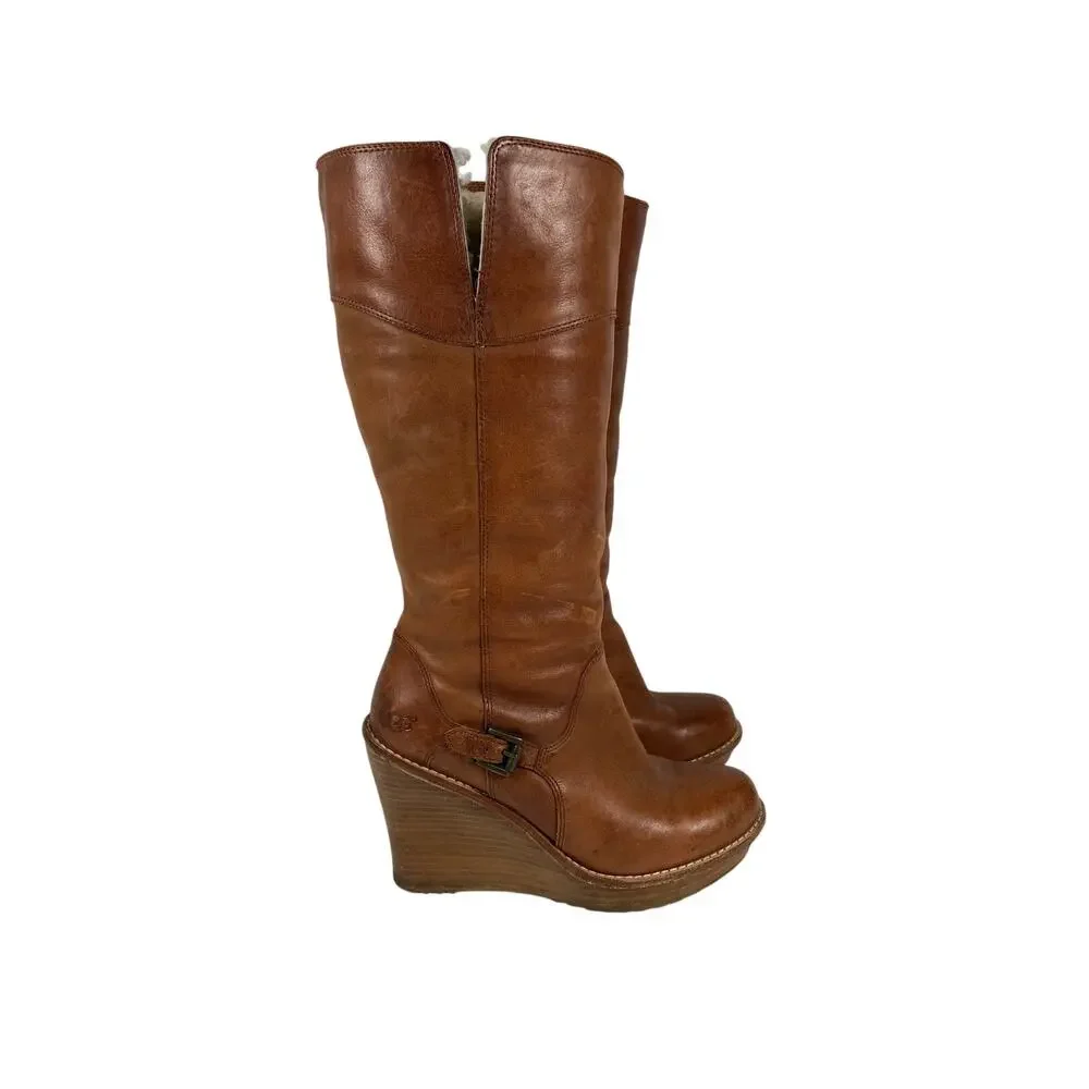 Ugg Wedge Boots Brown Leather Sheepskin Lining Women's Size 9.5